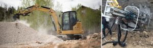 cat 305 cr mini excavator and high-tech swivel drill attachment