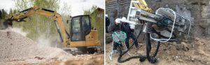 cat 305 cr mini excavator and high-tech swivel drill attachment